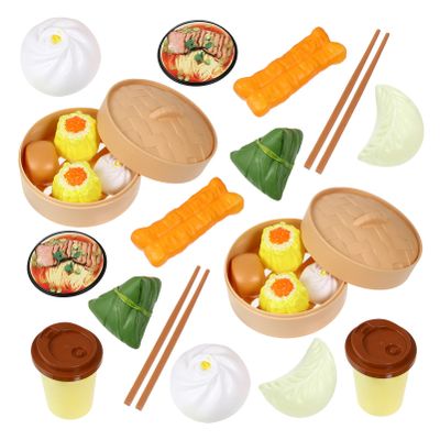 Toyvian Play Food 26pcs Pretend Play Toy Set Steamer Buns Chinese Breakfast Toy for Kids Food Kitchen Set Cooking Dish Asia Tea Time Birthday, Style Random