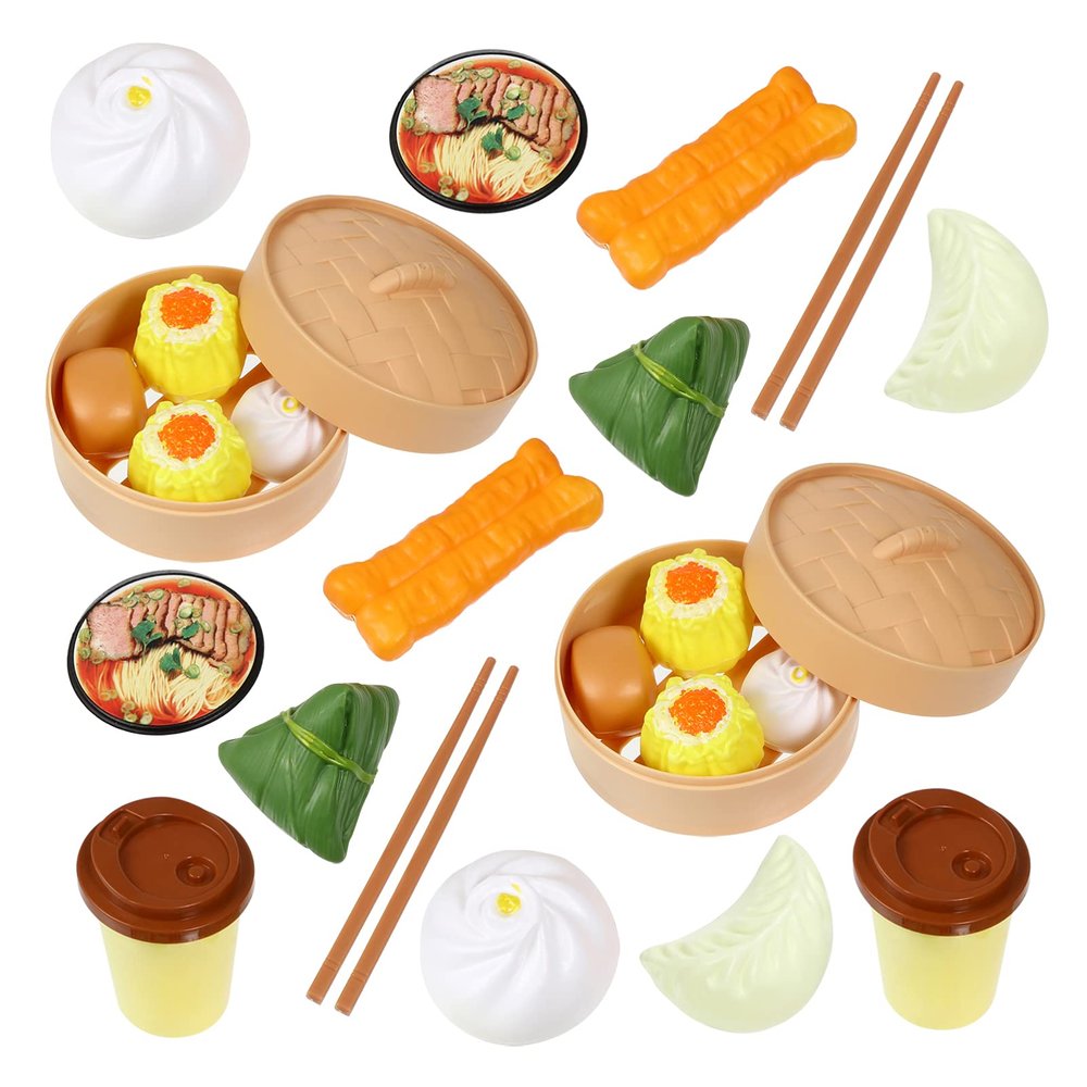 Toyvian Play Food 26pcs Pretend Play Toy Set Steamer Buns Chinese Breakfast Toy for Kids Food Kitchen Set Cooking Dish Asia Tea Time Birthday, Style Random