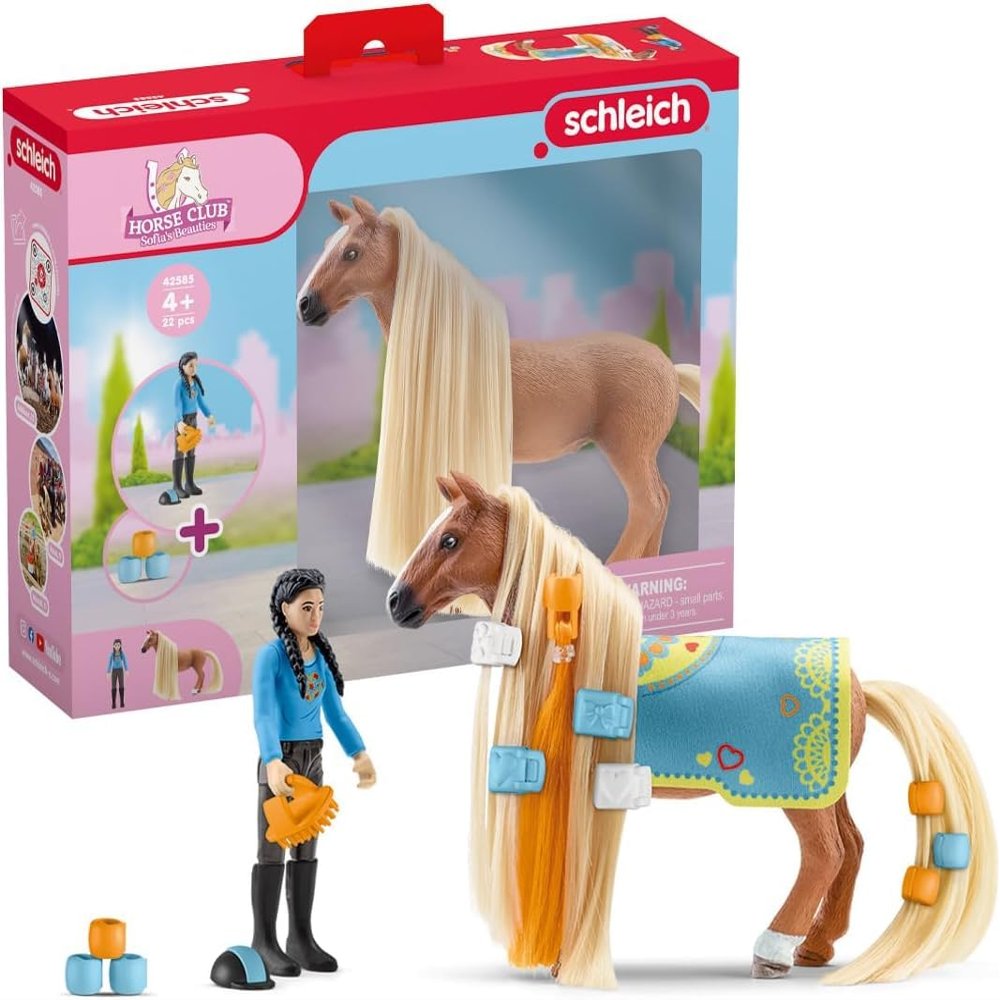 Schleich Horse Club Sofia's Beauties 18-Piece Horse Beauty Set - Horse Rider Kim and Horse Figurine with Brushable Styling Hair Plus Bead and Clip Accessories, Gift for Boys and Girls Ages 5 and up
