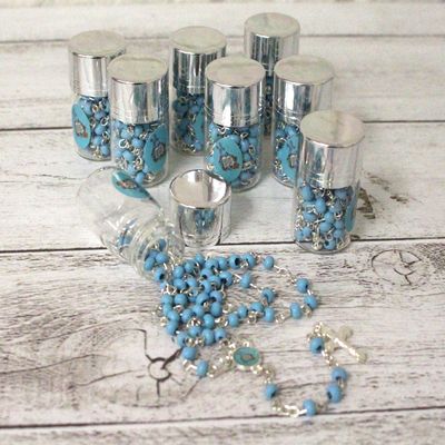 12pcs Silver Blue Bible Boy Rosary In Glass Jar Bottle Scented Beads Beaded Rosary Silver CATHOLIC Crucifix Necklace lot of 12