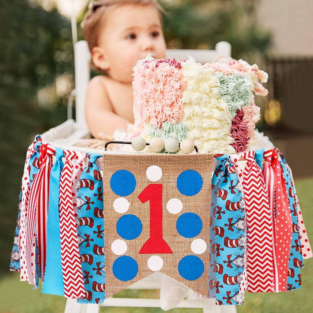YESSWL Dr. Seuss Themed 1st Birthday Banner, Multi-colored Letter Print, 80IN x 7.87IN, Perfect for Highchair, Wall Mount or Photo Booth Props