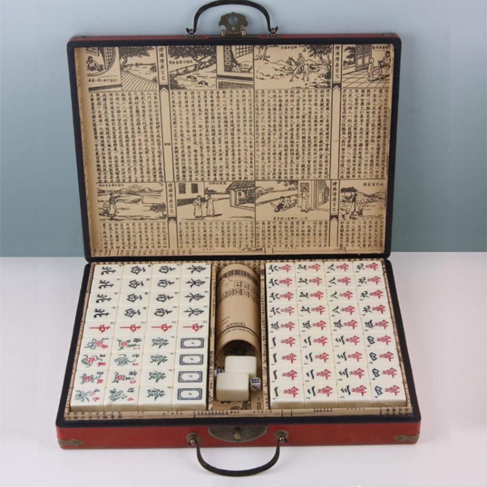 Antique Chinese Mahjong Box English Manual Mahjong Set Travel Dormitory Mahjong with Antique Leather Box,Travel Family Leisure Time