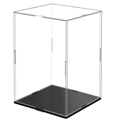 Clear Acrylic Display Case,Self-Assembly Display Box with Black Acrylic Base,Countertop Box Cube Organizer Stand Riser Dustproof Protection Showcase for Figures Toys Collectibles(9.8x9.8x15.7 inch)
