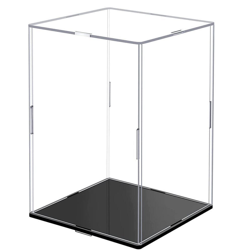 Clear Acrylic Display Case,Self-Assembly Display Box with Black Acrylic Base,Countertop Box Cube Organizer Stand Riser Dustproof Protection Showcase for Figures Toys Collectibles(9.8x9.8x15.7 inch)