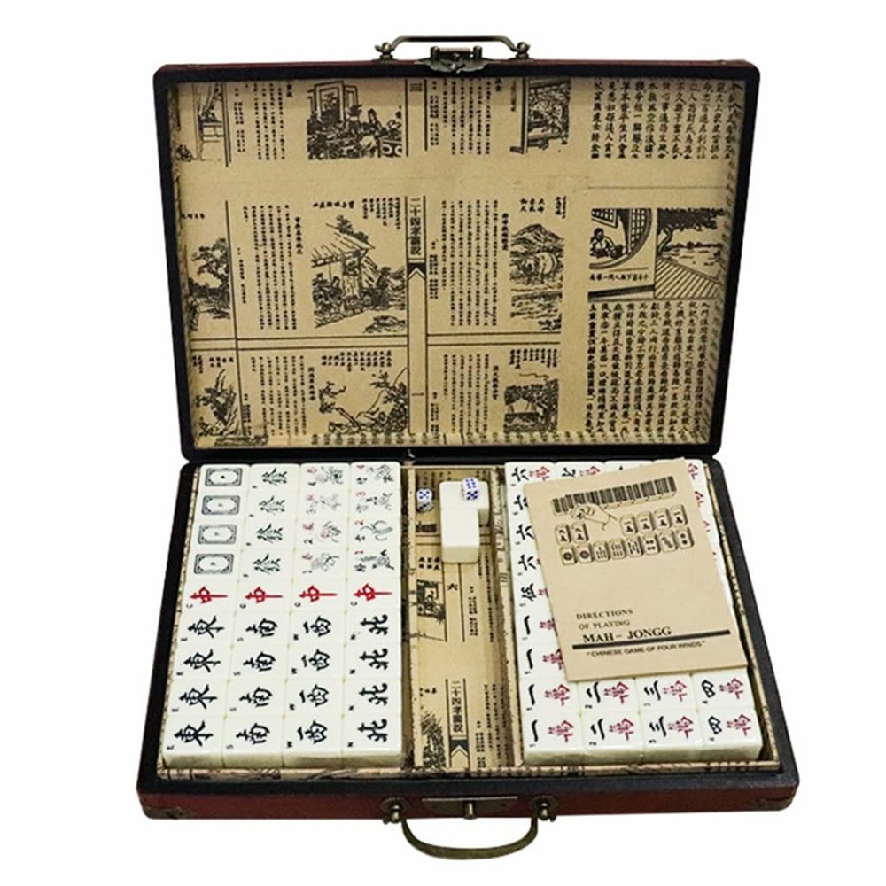 SHATONG Traditional Chinese Mahjong Game Set with Ornate Antique Case and English Manual for Travel Party Family Game Gift