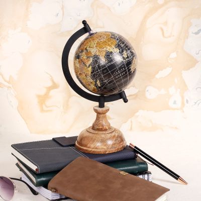 CASADECOR Home Dcorative Educational Globe Blue Metallic Black Arc With Metallic Arc & Wooden Base Color Brown & Black 5 Inch Rotating Globe Pack of 1