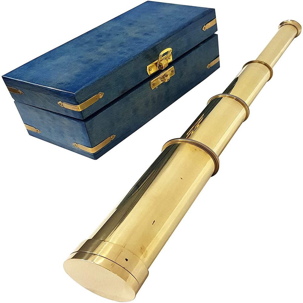 Nautical Handheld Solid Brass Telescope Blue Wooden Box Pirate Spyglass Sailor Scope Antique - Telescope
