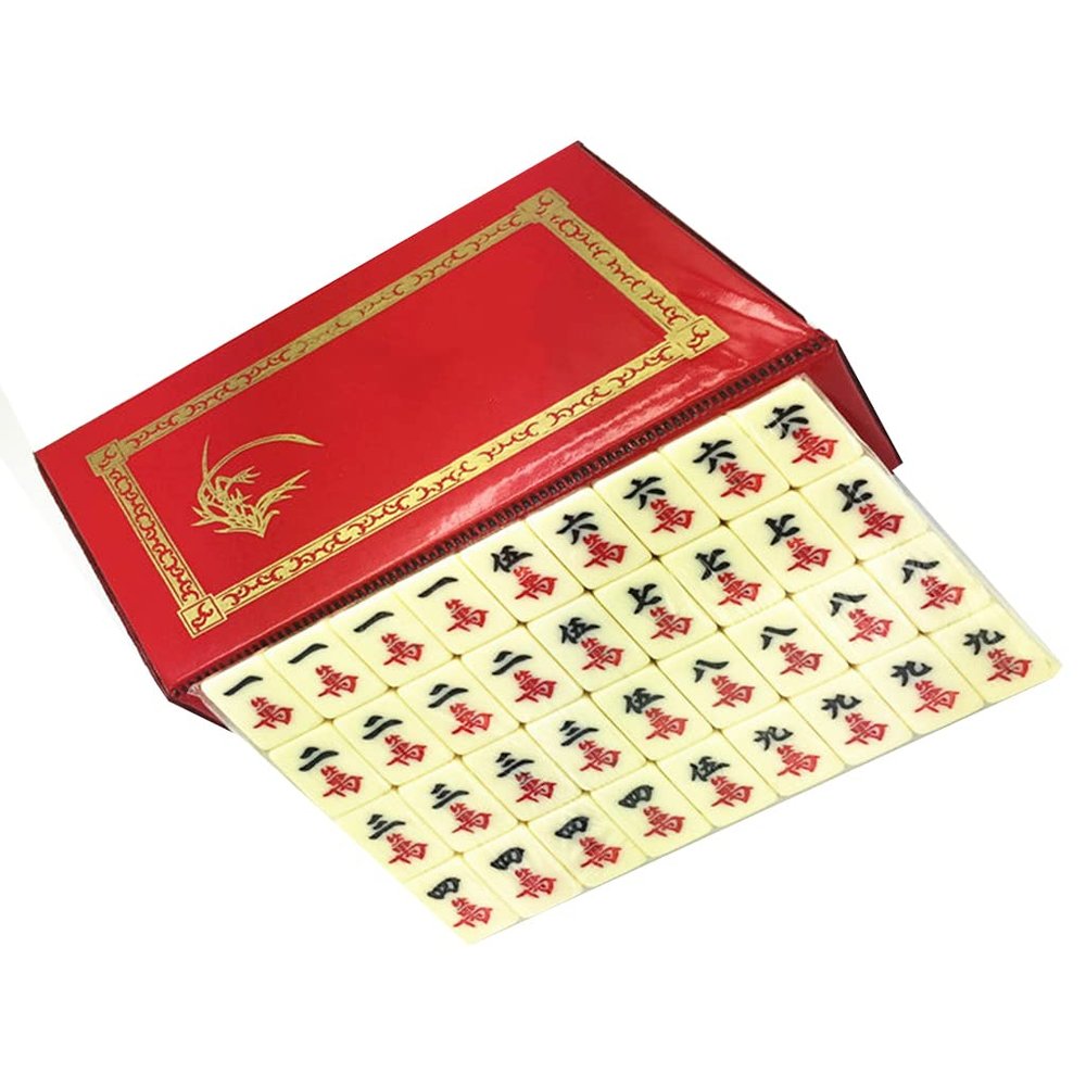 SHATONG Chinese Mahjong Portable Mini 144 Melamine Tiles Travel Mahjong with 2 Dice and Travel Leather Case,Portable Size and Light-Weight