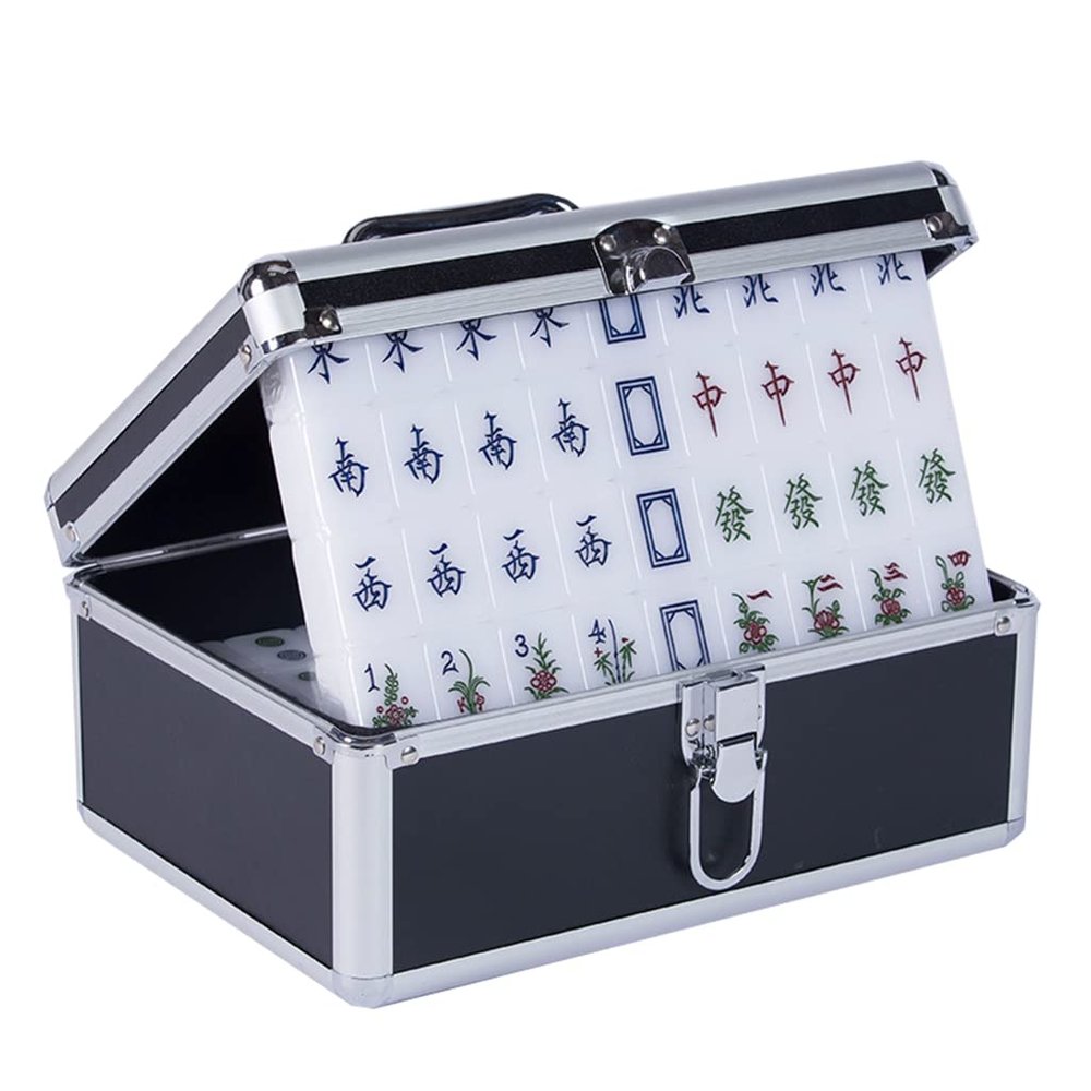 SHATONG Chinese Riichi Mahjong Set 144 Acrylic Tiles Traditional Chinese Version Board Game with Black Aluminum Alloy Box for Travel Party Family Game Gift(Color:Suet White)