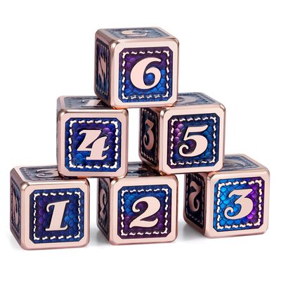 DNDND Dragon Scale D6 Dice Set, 6 PCS Dragon Scale Metal D6 Dice with Free Black Velvet Bag for DND Pathfinder Shadowrun or GURPs (Teal and Purple with Copper Edge)