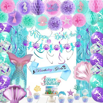 Hombae Mermaid Birthday Decorations, Little Mermaid Party Supplies with Pink Teal Purple Paper Fans, Pom Poms, Balloons, Fringe Curtains, Cake Topper, Sash
