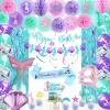 Hombae Mermaid Birthday Decorations, Little Mermaid Party Supplies with Pink Teal Purple Paper Fans, Pom Poms, Balloons, Fringe Curtains, Cake Topper, Sash view 1