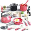 Bruvoalon 32Pcs Kids Play Kitchen Toys Set, Toddlers Pretend Cooking Playset Acccessories with Pots Pans, Utensils Cookware, Foods, Canned Veges, Learning Gift for Kids Girls Boys (Red) view 1