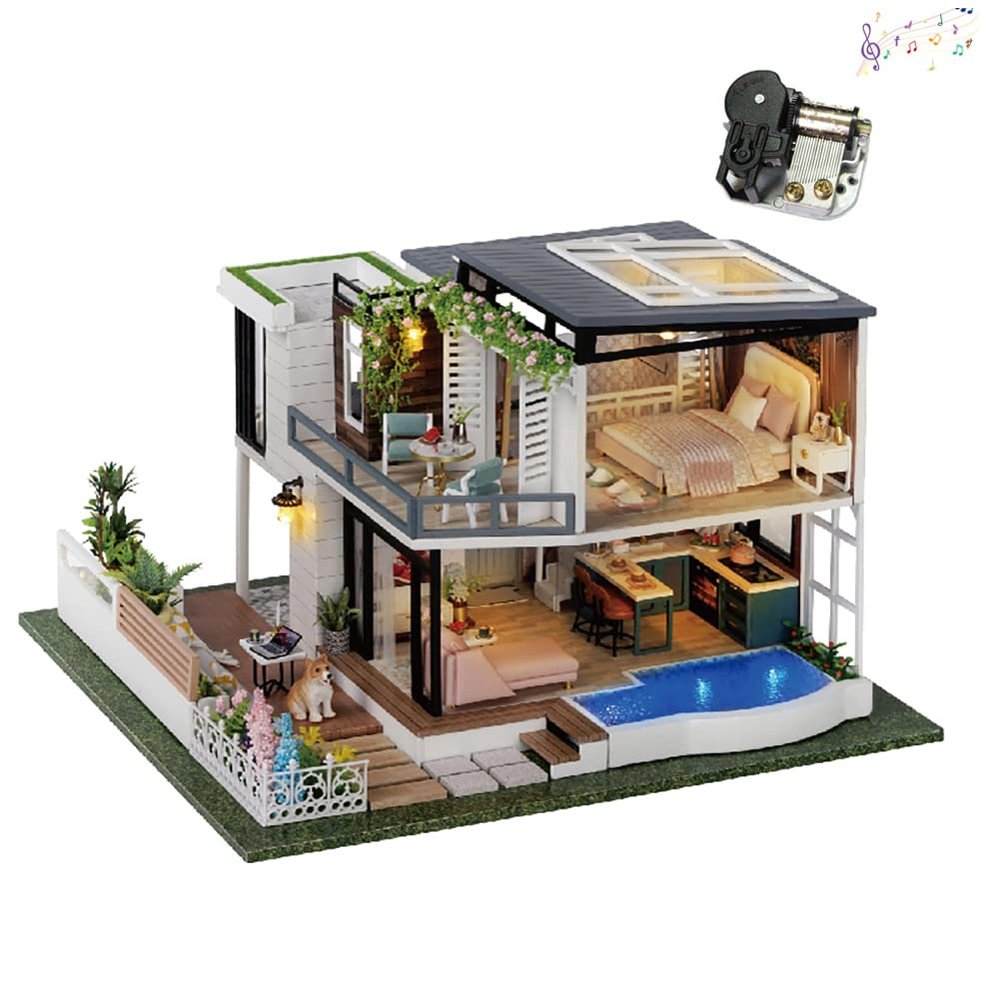 Montidey DIY Miniature Dollhouse Furniture Kit,Large Garden Villa Wooden Doll House with Music Movement Creative Room for Valentine's Day Gift (West Creek House)