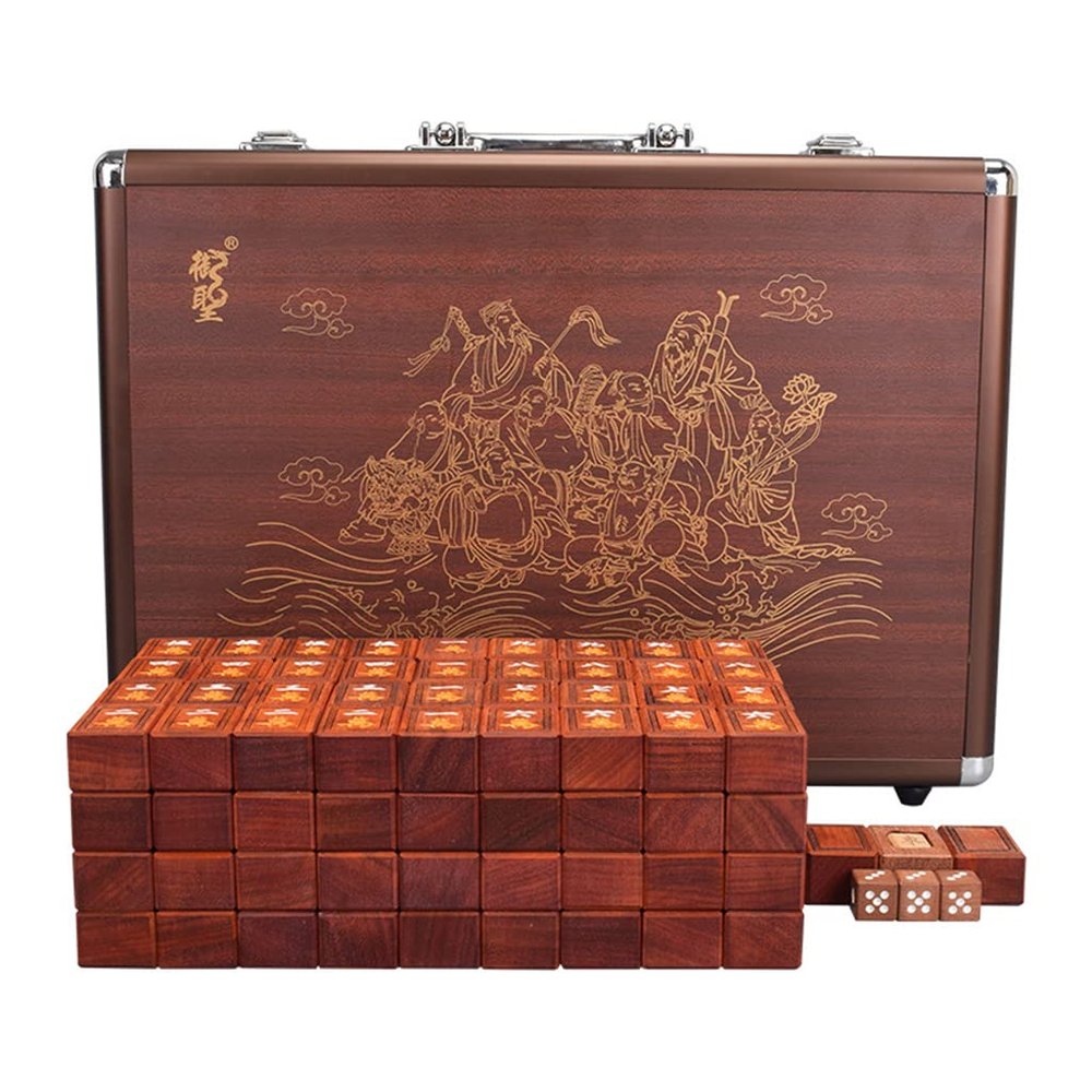 SHATONG Chinese Mahjong Board Game Pterocarpus Indicus Mah Jong Chinese Traditional Board Game with High-Grade Aluminum Box for Travel Party Family Game Gift