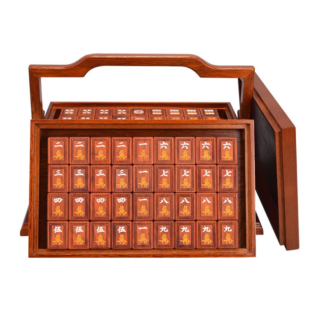 SHATONG Chinese Mahjong Board Game Pterocarpus Indicus 144 Tiles Mah Jong with Ornate Storage Case Game Set Beautiful Gift Suitable for Collection