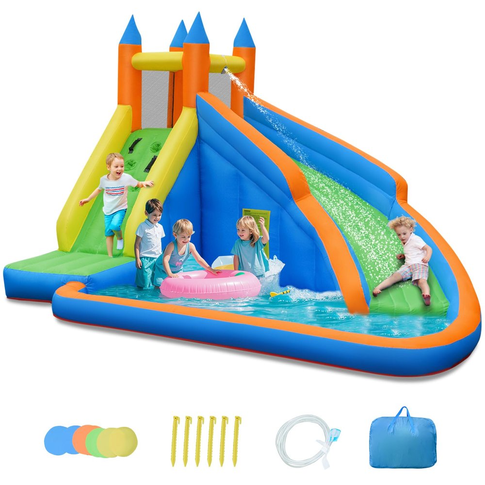 OLAKIDS Inflatable Water Slide, Kids Bounce House with Slide Climbing Wall Splash Pool, Outdoor Jumping Castle Inflatable Obstacle Course for Backyard with Carrying Bag Repairing Kit Stakes