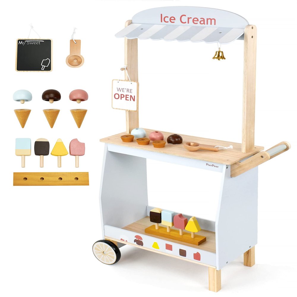 PairPear Wooden Ice Cream Cart for Kids Toddler Pretend Play Grocery Store Ice Cream Truck Playset Kids Dessert Truck Play Food Kitchen Toys Gift for Boys and Girls 3 Years and up