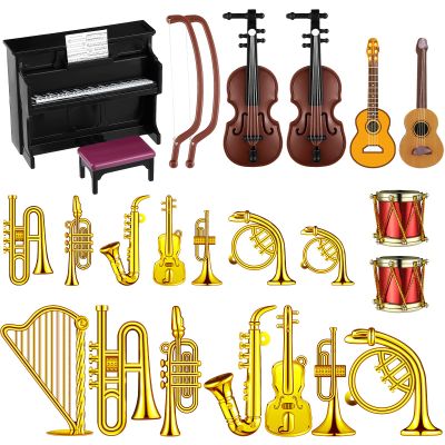Civaner 24 Pcs Dollhouse Musical Instruments Christmas Miniature Violin Piano Trumpet Saxophone Electric Guitar Tiny Instruments Set for Xmas Party Gift Mini House Musical Room Succulent Garden