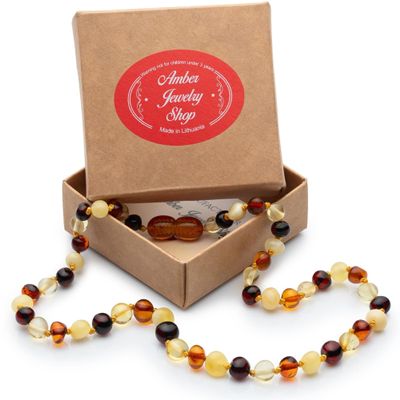 Natural Baltic Amber Necklace 13 inches - Knotted Between Beads- Polished Amber Beads- Multicolor