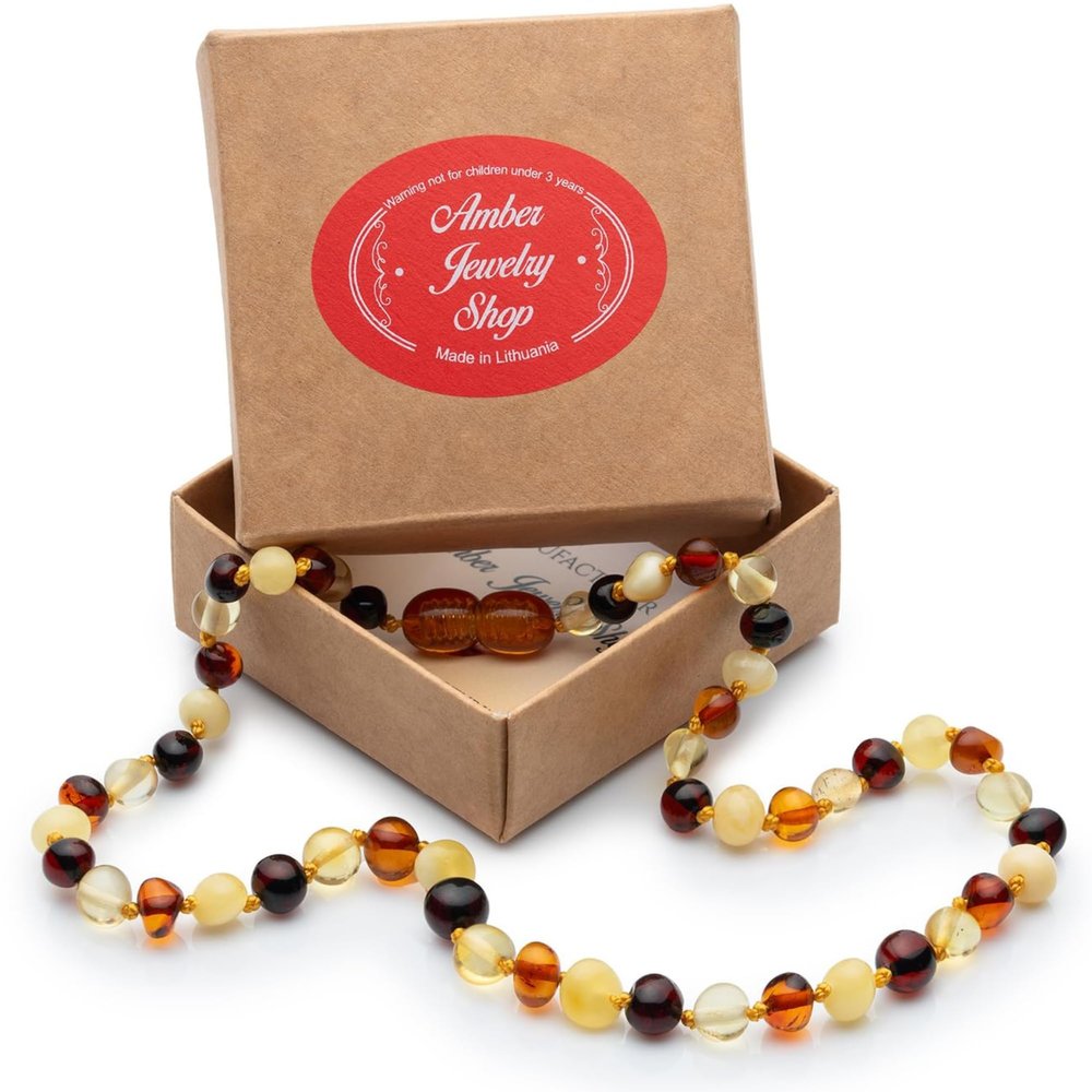 Natural Baltic Amber Necklace 13 inches - Knotted Between Beads- Polished Amber Beads- Multicolor