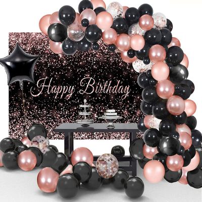 Toylin 103Pcs Rose Gold Black Birthday Decorations, Black Rose Gold Birthday Balloons Photography Backdrop Banner for Boys Girls Men Women Birthday Party Decorations Supplies