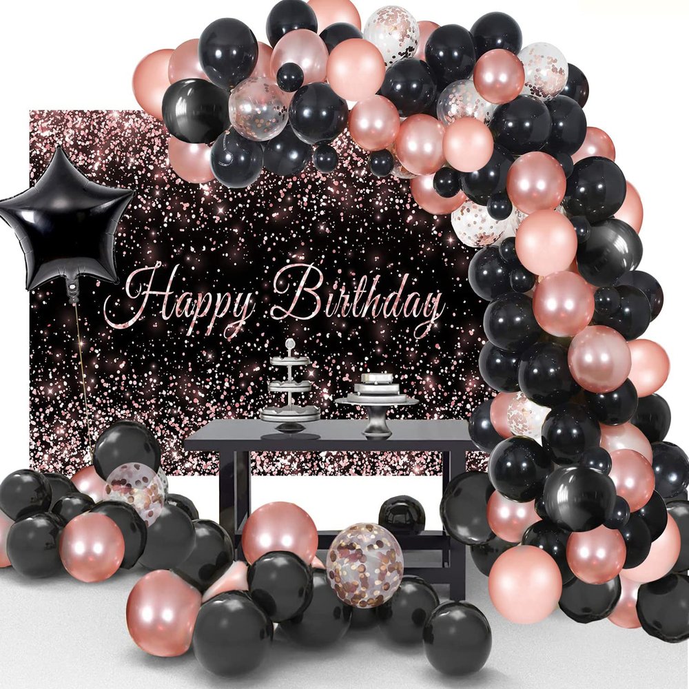 Toylin 103Pcs Rose Gold Black Birthday Decorations, Black Rose Gold Birthday Balloons Photography Backdrop Banner for Boys Girls Men Women Birthday Party Decorations Supplies