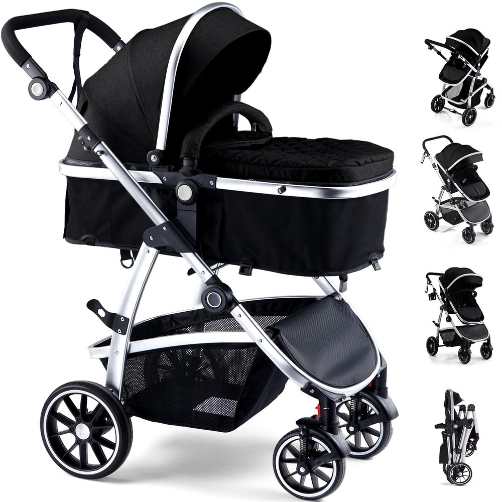 Hagaday Baby Stroller, 2-in-1 Reversible Toddler Seat with Bassinet Mode, Foldable Infant Stroller with Canopy, One Button Brake, Adjustable Handle, Newborn Pushchair(Black)
