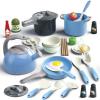 Bruvoalon 32Pcs Kids Play Kitchen Toys Set, Toddlers Pretend Cooking Playset Acccessories with Pots Pans, Utensils Cookware, Foods, Canned Veges, Learning Gift for Kids Girls Boys (Blue) view 1