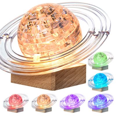 3D Crystal Puzzle, 40PCS Saturn Assembly Brain Teaser with Light-Up Wood Base, Plastic Saturn DIY Puzzle Blocks 3D Model Toy for Adults and 14+ (White)