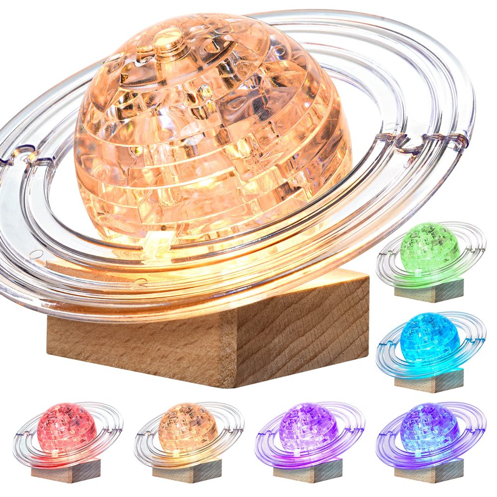 3D Crystal Puzzle, 40PCS Saturn Assembly Brain Teaser with Light-Up Wood Base, Plastic Saturn DIY Puzzle Blocks 3D Model Toy for Adults and 14+ (White)
