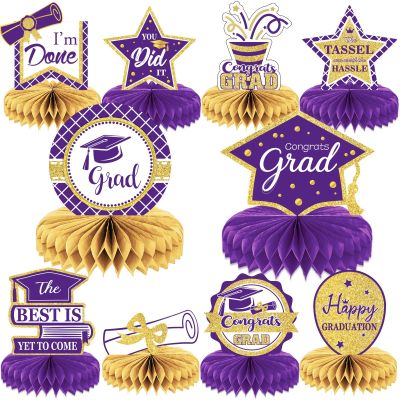 10PCS Class of 2026 Graduation Party Decorations 2026 Congrats Grad Honeycomb Centerpieces Congratulate Graduation Table Toppers for Congrats Grad Party Favor Supplies(Purple)