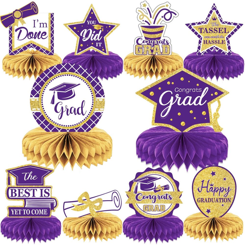 10PCS Class of 2026 Graduation Party Decorations 2026 Congrats Grad Honeycomb Centerpieces Congratulate Graduation Table Toppers for Congrats Grad Party Favor Supplies(Purple)