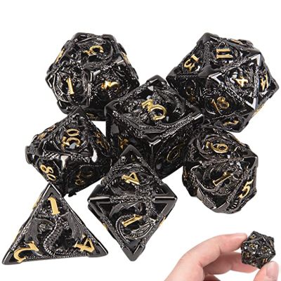 DND Dice,Hollow D&D Metal Dice,Dungeons and Dragons Dice Set with Gift Box,7 PCs Steampunk Polyhedral Dice Games Set for RPG,MTG,Pathfinder, (Dragon Black Golden)