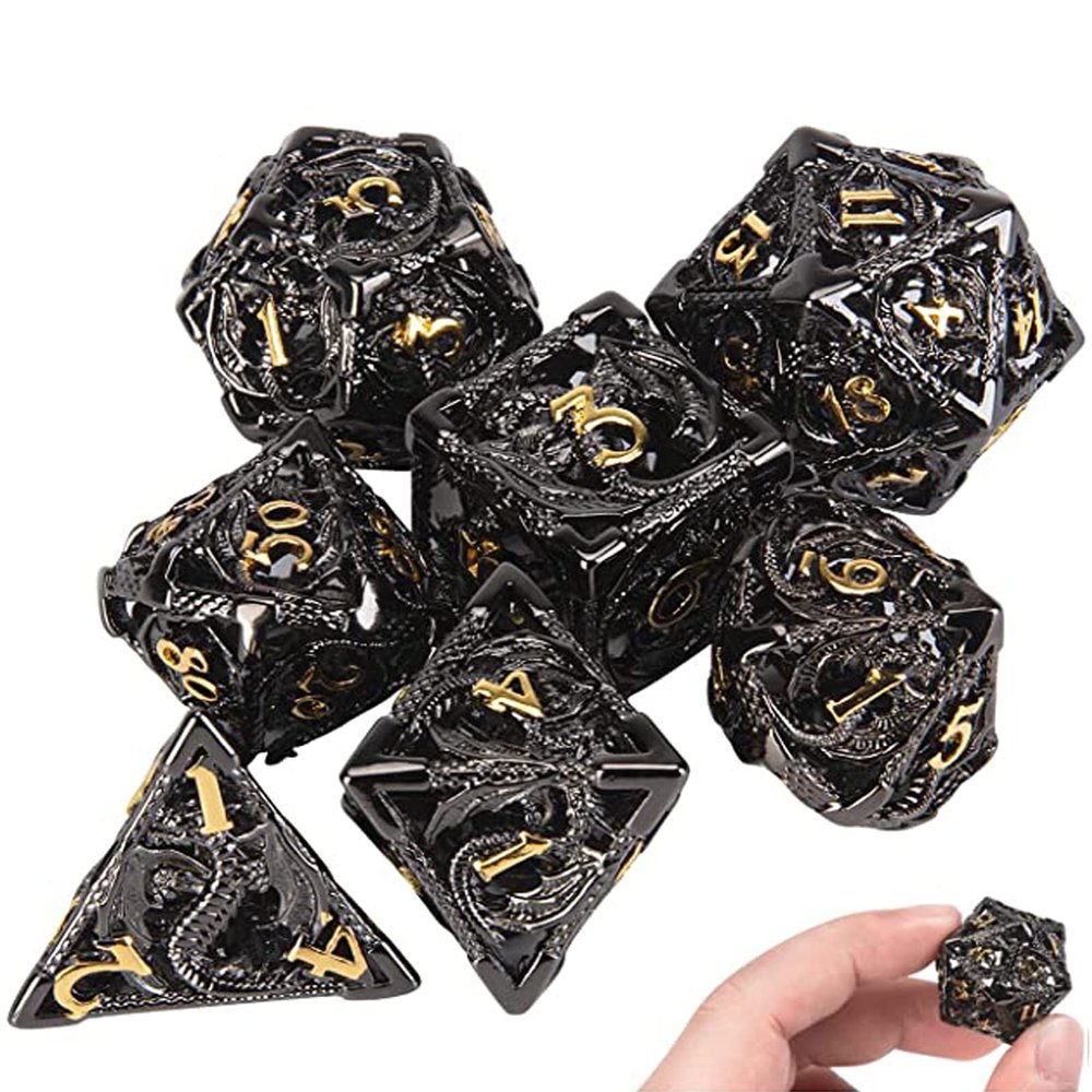DND Dice,Hollow D&D Metal Dice,Dungeons and Dragons Dice Set with Gift Box,7 PCs Steampunk Polyhedral Dice Games Set for RPG,MTG,Pathfinder, (Dragon Black Golden)