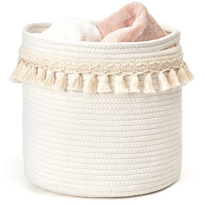 Mkono Macrame Decorative Cotton Rope Basket Boho Nursery Decor Small Cute Woven Tassel Closet Storage Bins Organizer for Baby Toys,Magazines, Potted Plants Cover,Living Room,Bedroom, 11"x11"