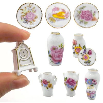 iLAND Miniature Dollhouse Accessories for Dollhouse Furniture, Mini Porcelain Vases and Decorative Plates w/a Desk Clock (Elegant Rose 11pcs)