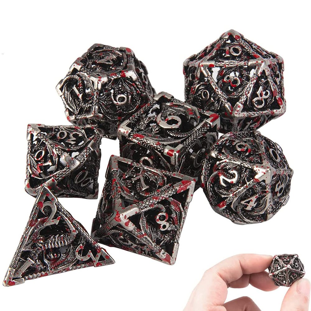 DND Dice Hollow D&D Metal Dice Dungeons and Dragons Dice Set with Gift Box 7 PCs Steampunk Polyhedral Dice Games Set for RPG,MTG,Pathfinder,(Dragon Blood Spattered)
