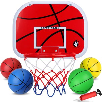 Mini Indoor Basketball Hoop Set for Kids, Wall Mount Basketball Hoop Over Door with 4 Small Replacement Basketballs, ABS Backboard Metal Rim Goal Sport Party Activity Toys for Office Room Pool