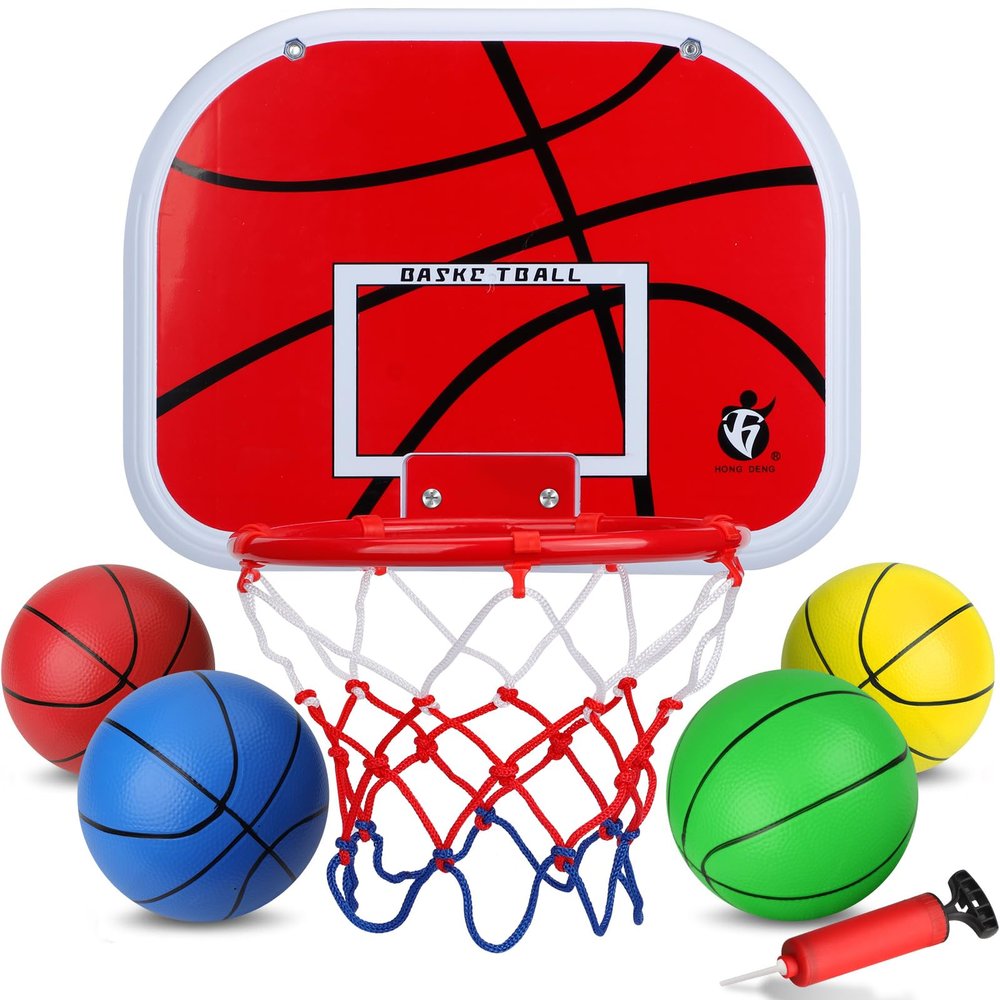 Mini Indoor Basketball Hoop Set for Kids, Wall Mount Basketball Hoop Over Door with 4 Small Replacement Basketballs, ABS Backboard Metal Rim Goal Sport Party Activity Toys for Office Room Pool