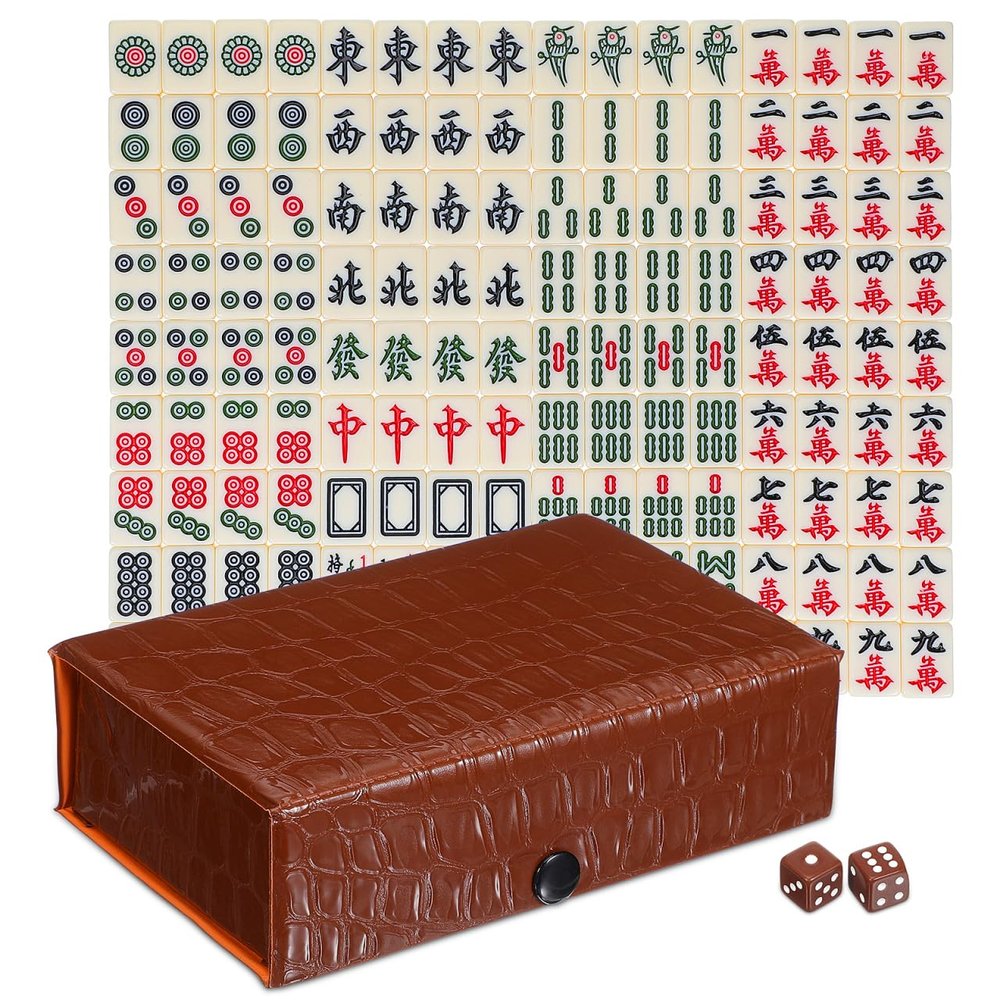 BESTOYARD Portable Mini Travel Mahjong Tile Set Chinese Mahjong Game with 146 Brown Carrying Case for Adult Beginner Players and Elderly, Travel-Friendly Family Gatherings and Leisure Activities