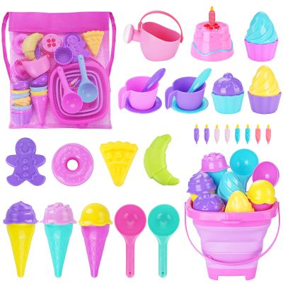 TSDATOWR Ice Cream Beach Toys Sand Toys Set for Kids, Collapsible Sand Bucket and Shovels Set with Mesh Bag, Sand Molds, Watering Can, Sandbox Toys for Kids and Toddlers, Travel Sand Toys for Beach