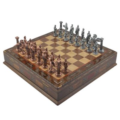 Antique Copper Medium Mythologic Pegasus Metal Chess Set for Adults,Handmade Pieces and Natural Solid Wooden Chess Board with Storage Inside (Walnut)