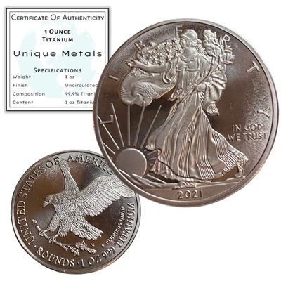2021 1 Ounce OZ .999 Fine Solid Titanium USA American Liberty Eagle Coin | Titanium Round Precious Metal Ingot Bullion Ti Element Chemistry Proof Mint Coin By Unique Metals