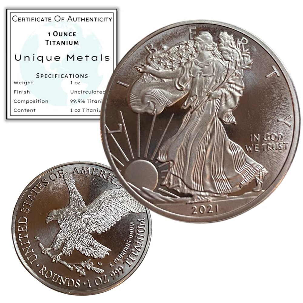 2021 1 Ounce OZ .999 Fine Solid Titanium USA American Liberty Eagle Coin | Titanium Round Precious Metal Ingot Bullion Ti Element Chemistry Proof Mint Coin By Unique Metals