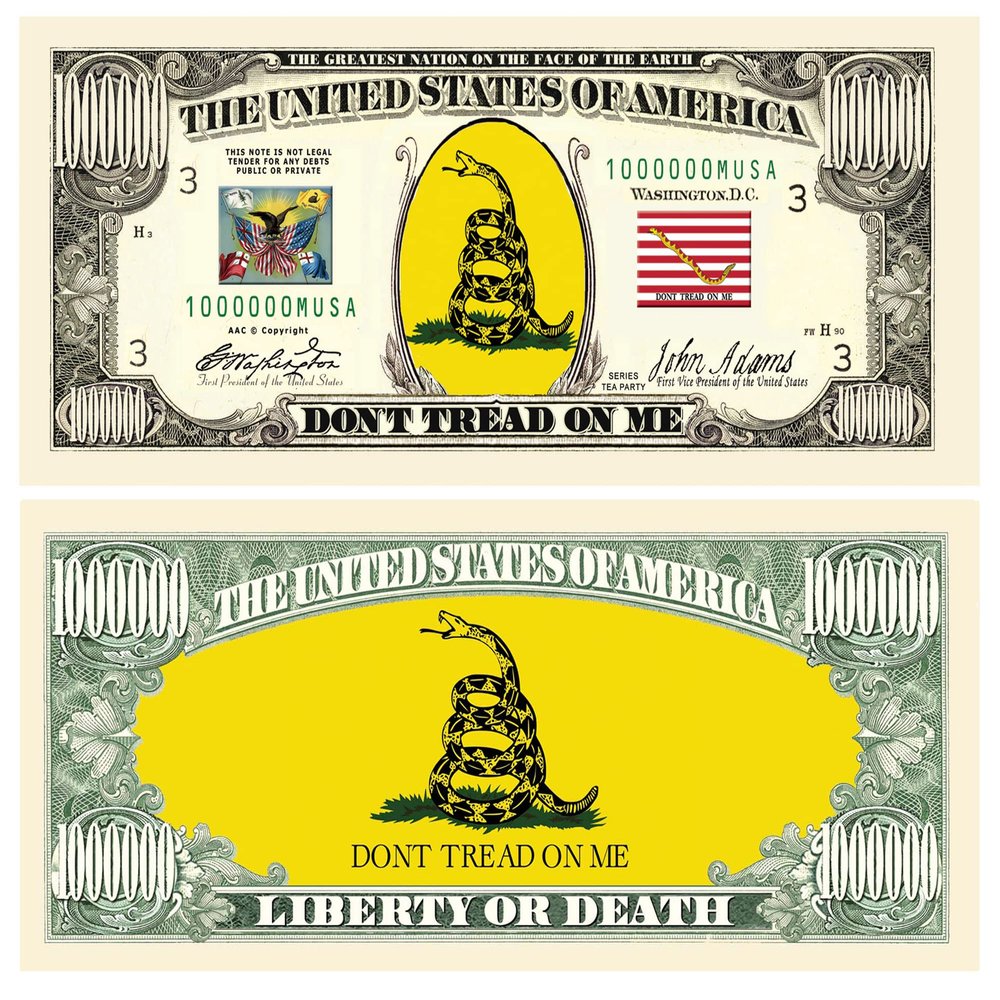 American Art Classics Pack of 25 - Don't Tread On Me - Gadsden Flag Tea Party Collectible Novelty Dollar Bill