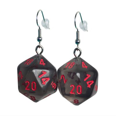 d20 Dice Earrings Translucent (5 Color Options) - Hook with Earnuts (Grey (Red #s))