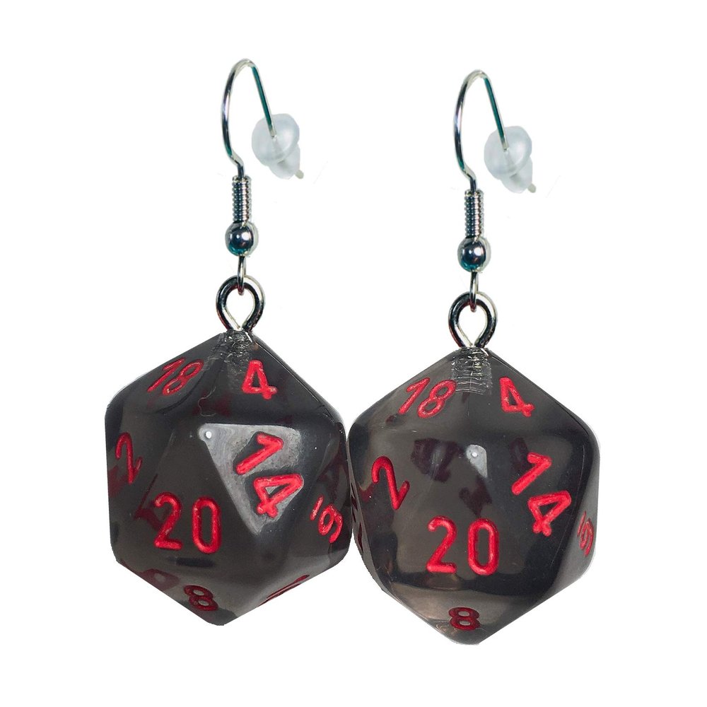 d20 Dice Earrings Translucent (5 Color Options) - Hook with Earnuts (Grey (Red #s))