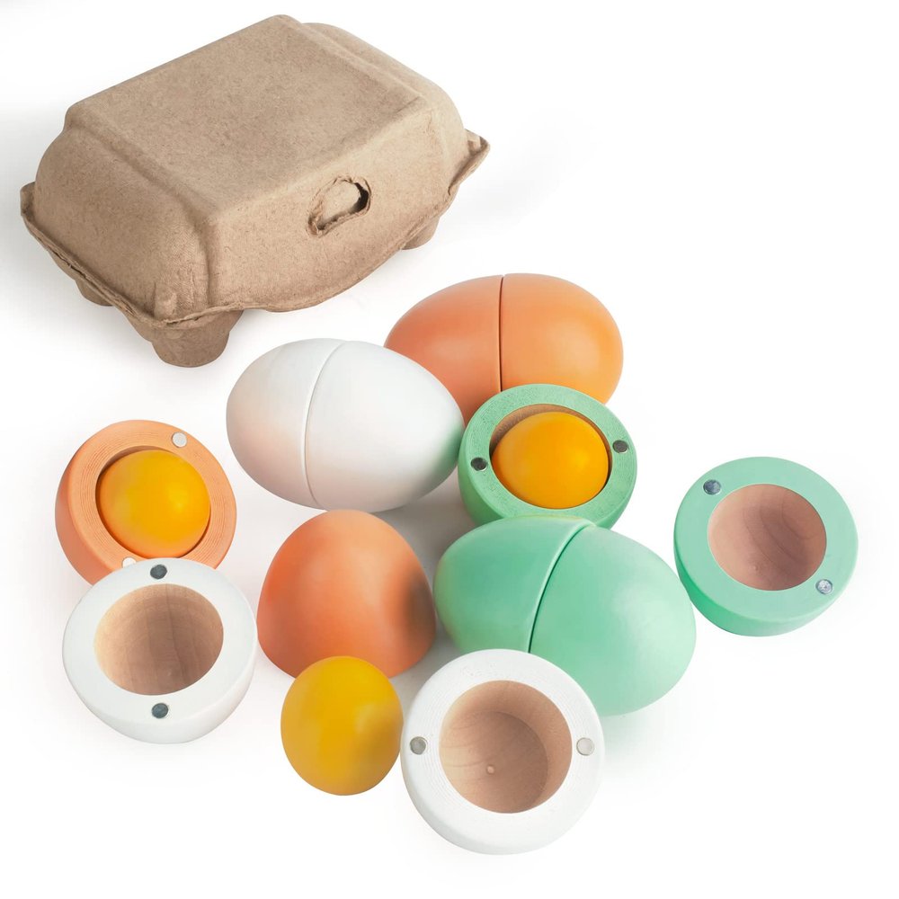 WHOHOLL Wooden Easter Play Eggs Toy, Play Food Sets for Kids Kitchen, Sturdy Wood Eggs with Magnetic Separable Yolk, Pretend Play Kitchen Toy Food for Boys Girls Gifts