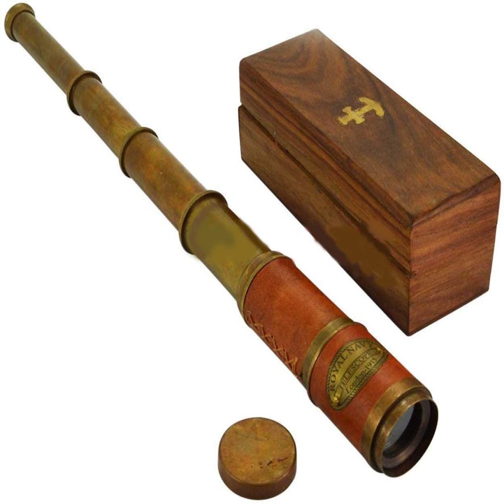 Beautiful Leather Encased Brass Telescope with Wood Box Handmade